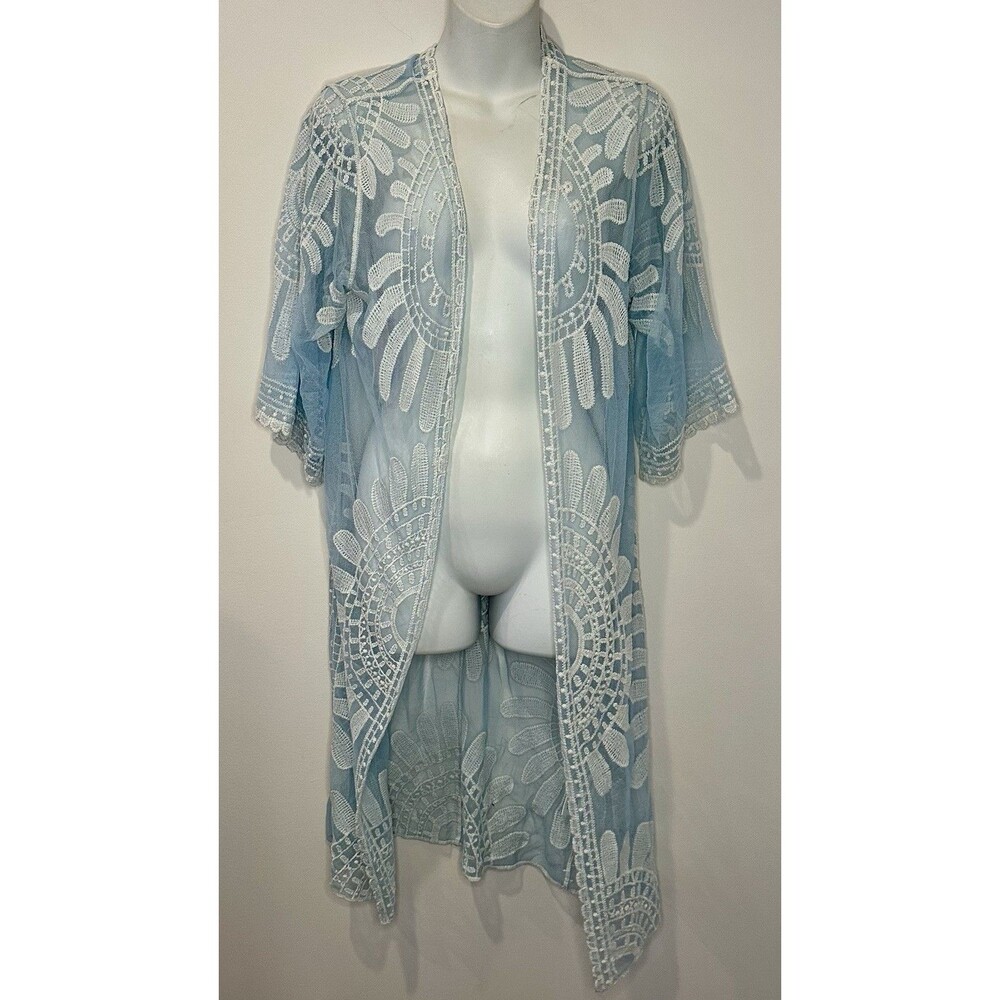 Rebellion Again Boho Kimono Duster Cover Up Floral Lace Light Blue Size S NWT!!